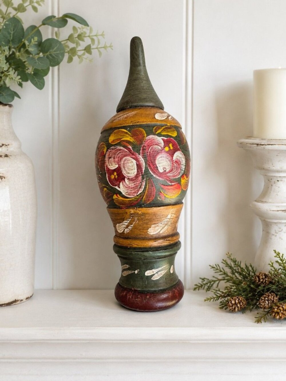 Vintage E. Crepaz Tirol Austria Hand Painted Wood Finial Folk Art 8 3/4"